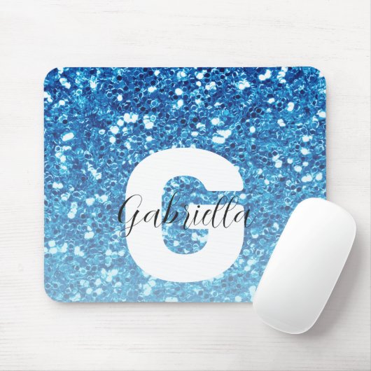 Girly Blue Glitter Sparkles Monogram Script Name マウスパッド (マウス)