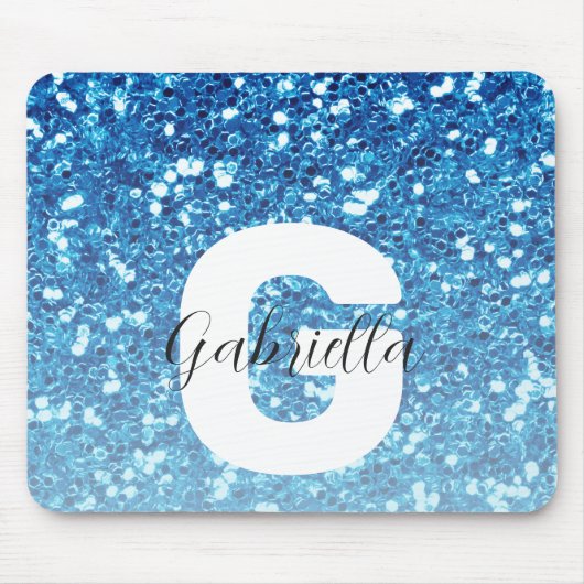 Girly Blue Glitter Sparkles Monogram Script Name マウスパッド (正面)