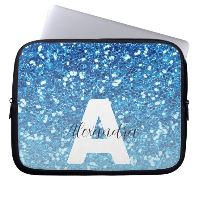 Girly Blue Glitter Sparkles Monogram Script Name ラップトップスリーブ (正面)