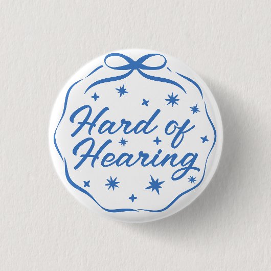 Girly Blue Whimsical Doodle Bow Hard of Hearing 缶バッジ (正面)