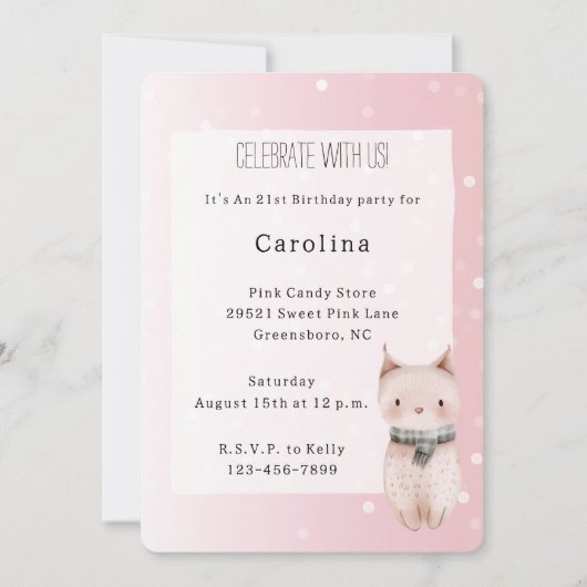 Girly Blush Pink White Dots Cat Birthday 招待状 (正面)