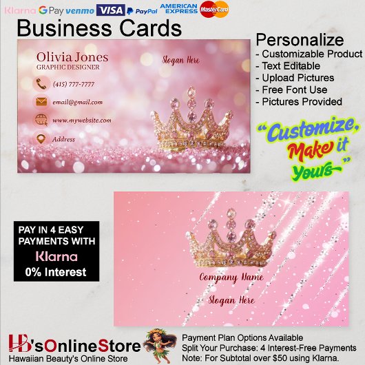 Girly Business Trendy Glitter Elegant Crown QRCode 名刺
