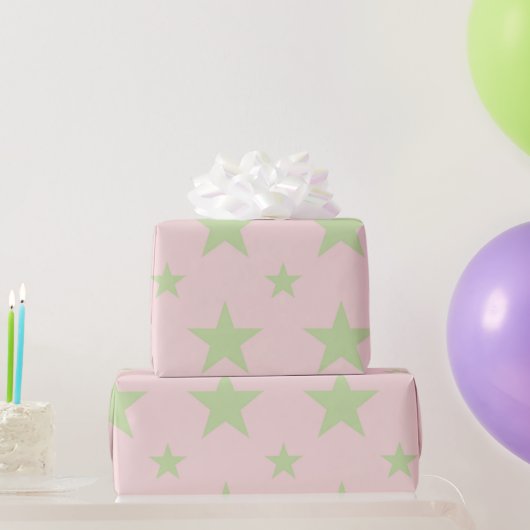 Girly Celestial Pastel Pink & Green Stars Pattern ラッピングペーパー (パーティーギフト)