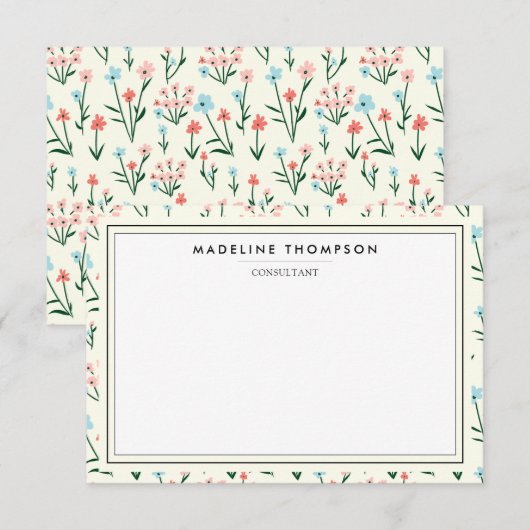 Girly Chic Pastel Pink Blue Flowers Pattern ノートカード (正面/裏面)