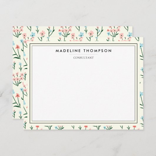 Girly Chic Pastel Pink Blue Flowers Pattern ノートカード (正面/裏面)