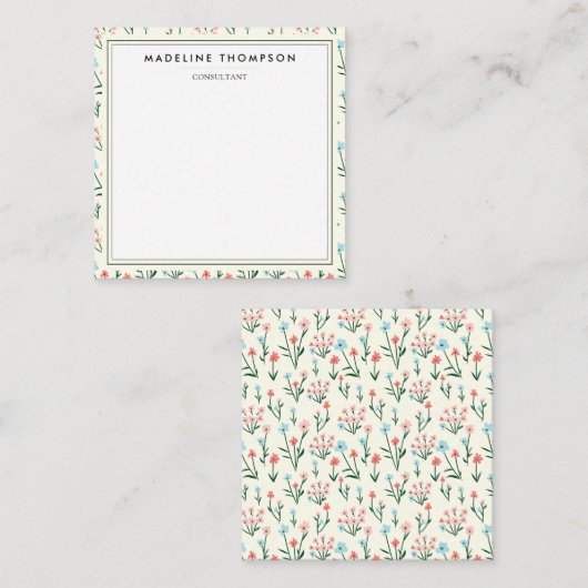 Girly Chic Pastel Pink Blue Flowers Pattern Square ノートカード (正面/裏面)