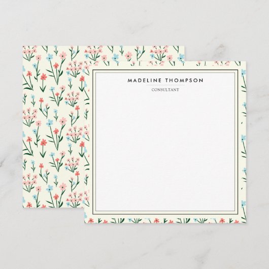 Girly Chic Pastel Pink Blue Flowers Pattern Square ノートカード (正面/裏面)