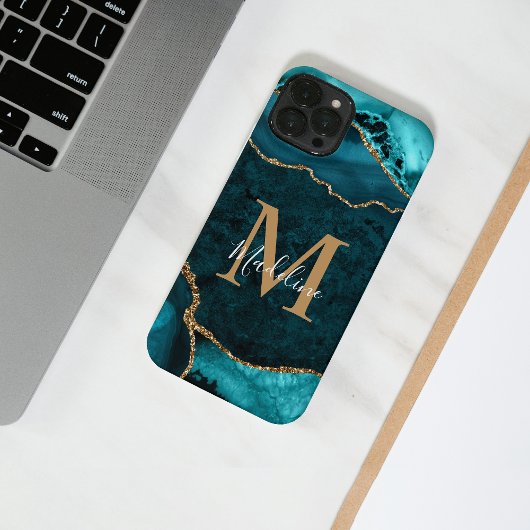 Girly Chic Teal Gold Agate Geode Monogram iPhoneケース