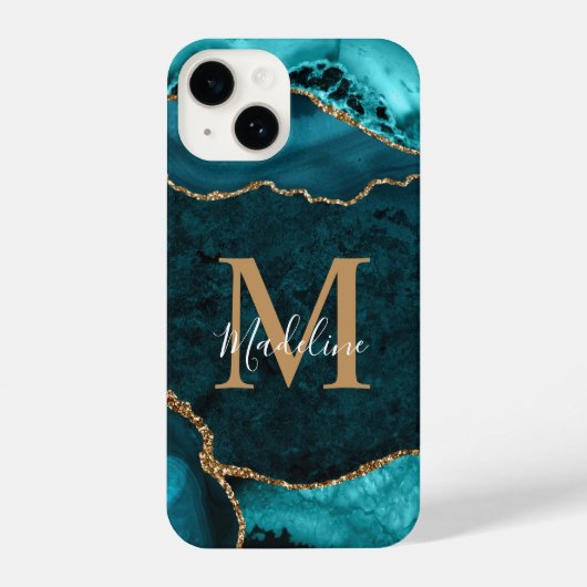 Girly Chic Teal Gold Agate Geode Monogram iPhoneケース (裏面)