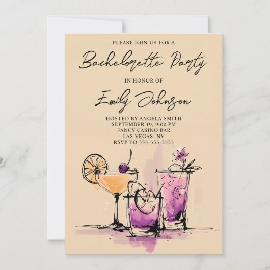 Girly Cocktails Illustration Bachelorette Party 招待状 (正面)