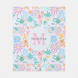 Girly Cool Summer Splash Floral Rainbow Monogram フリースブランケット