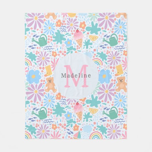 Girly Cool Summer Splash Floral Rainbow Monogram フリースブランケット (正面)