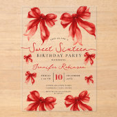 Girly Coquette Bow Sweet 16 Birthday Party Red アクリル招待状 (正面)