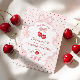 Girly Coquette Cherry First 1st Birthday Party 招待状