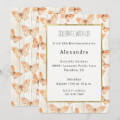 Girly Cream Peach Butterflies Birthday 招待状 (正面/裏面)
