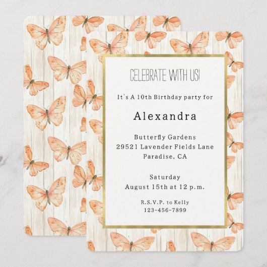Girly Cream Peach Butterflies Birthday 招待状 (正面/裏面)