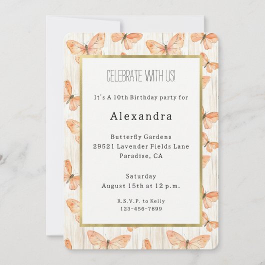 Girly Cream Peach Butterflies Birthday 招待状 (正面)