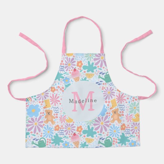 Girly Cute Floral Pink Rainbow Monogram エプロン (正面)