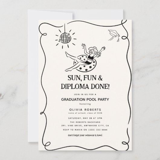 Girly Doodle Graduation Pool Party 招待状 (正面)