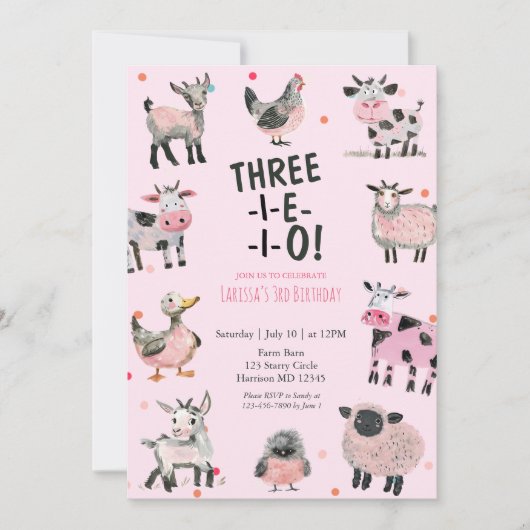 Girly Farm Animal Third Birthday Invitation 招待状 (正面)
