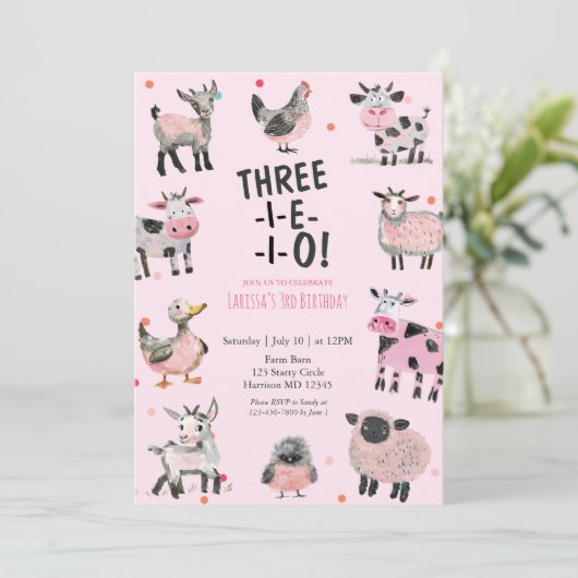 Girly Farm Animal Third Birthday Invitation 招待状 (スタンド正面)
