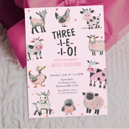Girly Farm Animal Third Birthday Invitation 招待状