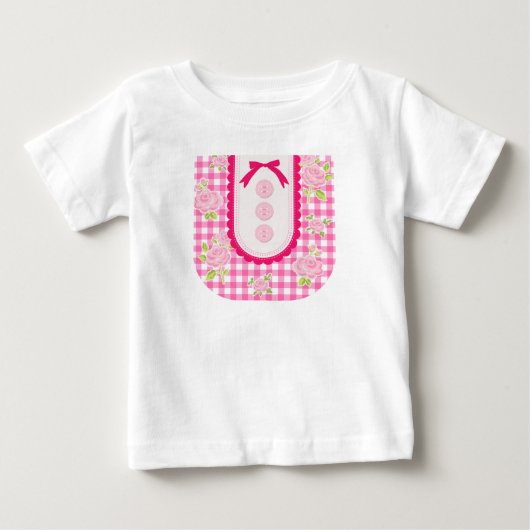 Girly gingham check pattern with cute ribbon ベビーTシャツ (正面)