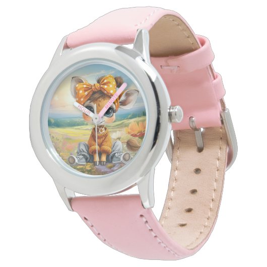 Girly Giraffe wearing polka dot bow 腕時計 (アングル)