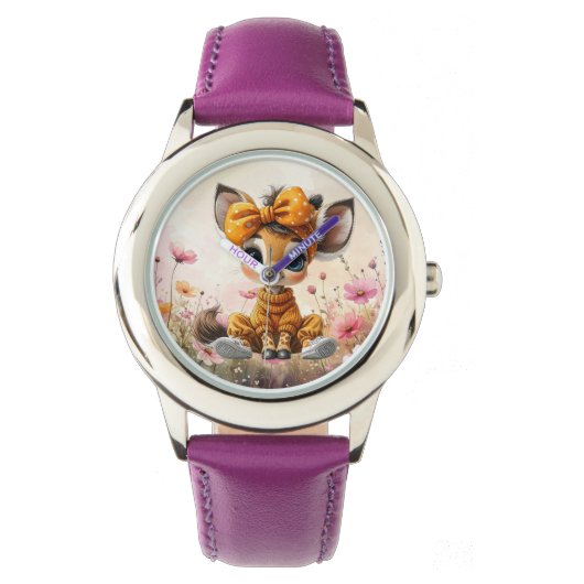 Girly Giraffe wearing polka dot bow 腕時計 (正面)