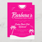 Girly Hot Pink Summer Beach Graduation Party 招待状 (正面/裏面)