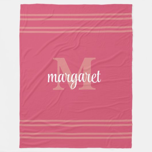 Girly hot pink white monogram name Fleece Blanket フリースブランケット (正面)