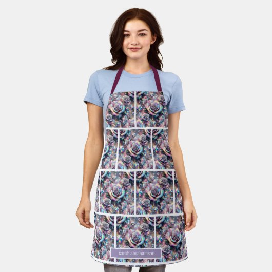 Girly Iridescent Roses and Glitter Drips Apron エプロン (着用した状態)