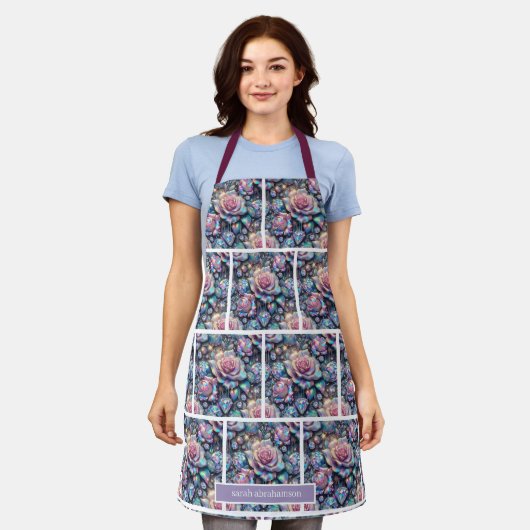 Girly Iridescent Roses and Glitter Drips Apron エプロン (着用した状態)