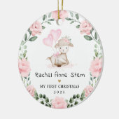 Girly Lamb Pink Floral Wreath Baby First Christmas セラミックオーナメント (左)