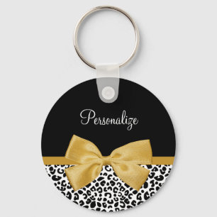 Girly Leopard Print Chic Gold Bow With Name キーホルダー