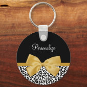 Girly Leopard Print Chic Gold Bow With Name キーホルダー (正面)