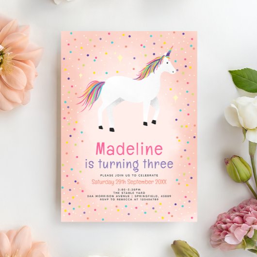 Girly Magical Cute Pink Unicorn Kids Birthday 招待状