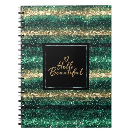 Girly Mint Gold Glitter Black Hello Beautiful ノートブック (正面)