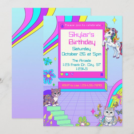 Girly Neon Gamer Birthday Party with animals 招待状 (正面/裏面)