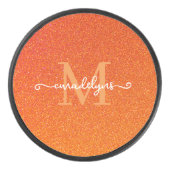 Girly Orange Glitter Sparkles Monogram Script Name アイスホッケーパック (正面)
