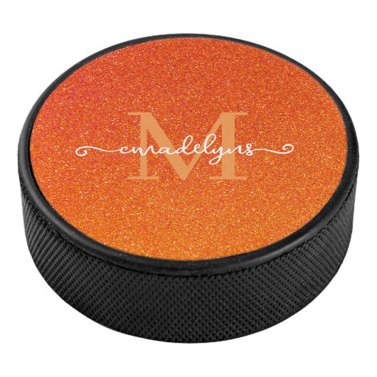 Girly Orange Glitter Sparkles Monogram Script Name アイスホッケーパック (3/4)
