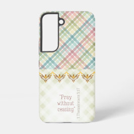 Girly Pastel and Green Plaid Gold Doves Faith Samsung Galaxy S22ケース