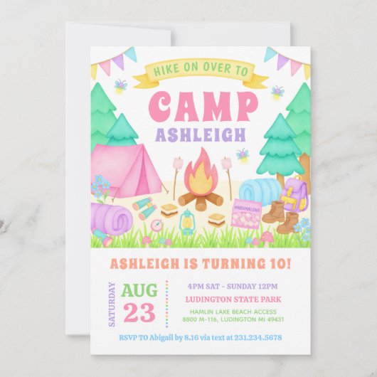 Girly Pastel Camping Birthday Invitation 招待状 (正面)