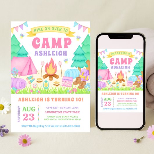 Girly Pastel Camping Birthday Invitation 招待状