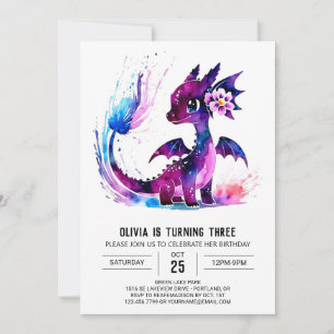 Girly Pastel Dragon Digital Girl Birthday 招待状