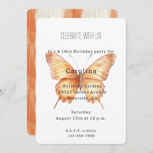 Girly Peach Butterfly Birthday 招待状 (正面/裏面)