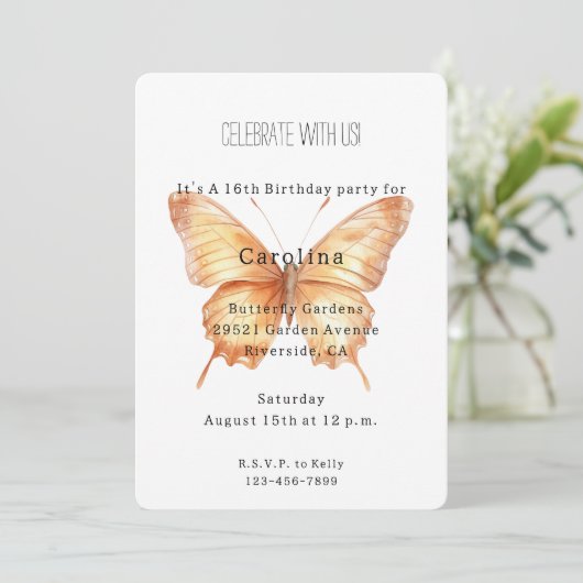 Girly Peach Butterfly Birthday 招待状 (スタンド正面)