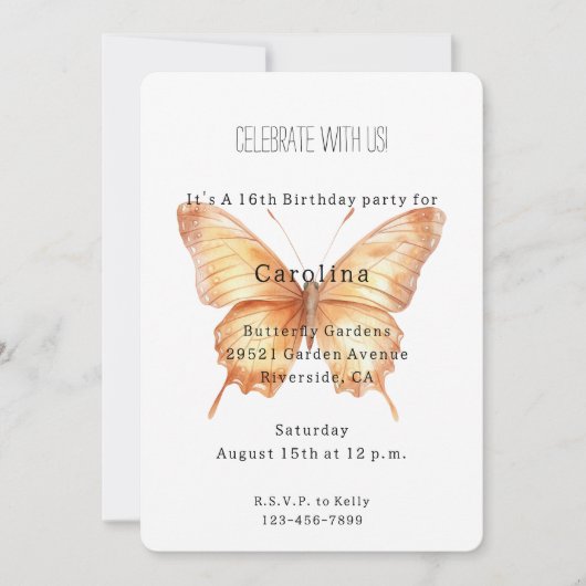 Girly Peach Butterfly Birthday 招待状 (正面)