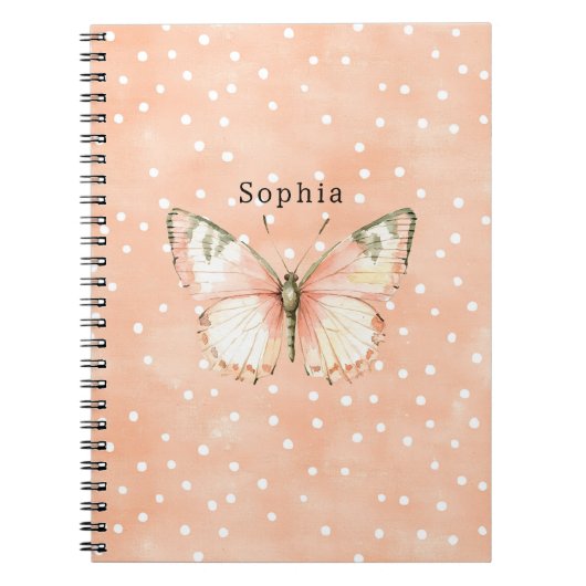 Girly Peach White Dots Butterfly   ノートブック (正面)