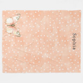 Girly Peach White Dots Butterfly   フリースブランケット (正面(横))